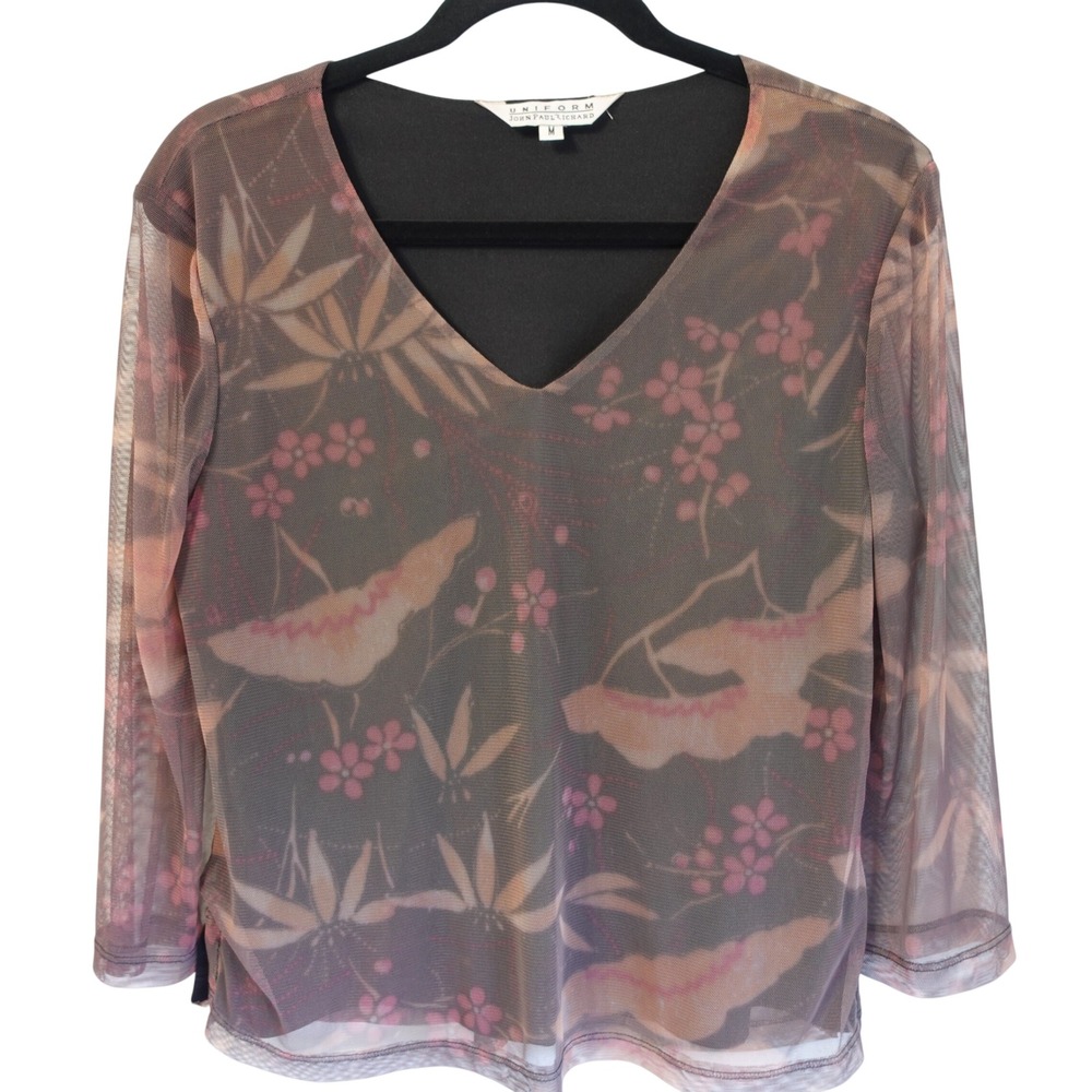 Vintage Mesh Sheer Floral‎ Print Top Womens Medium Black Pink Fairy Whimsigoth